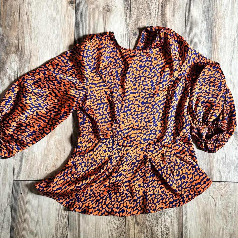 Lulu's Orange and Navy Puff Sleeve Peplum Blouse
